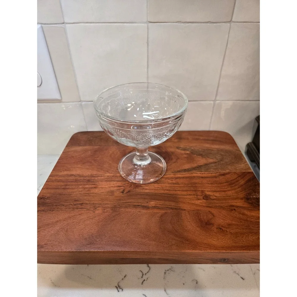 Vintage French Clear Pressed Glass Footed Dessert Coupe Embossed Leaf Berry Bowl